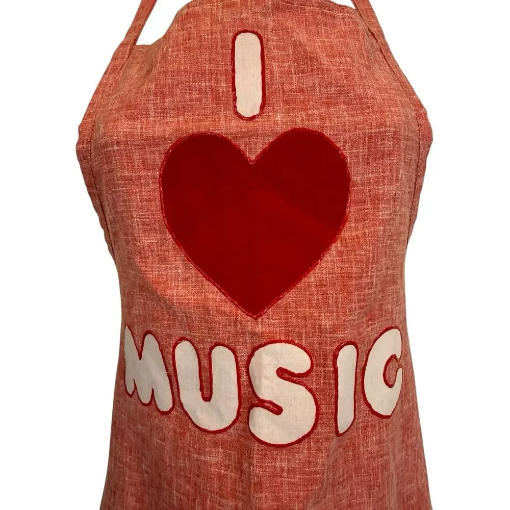 Vintage I Love Music Apron Red Full Length Applique Number Pockets Retro Kitchen